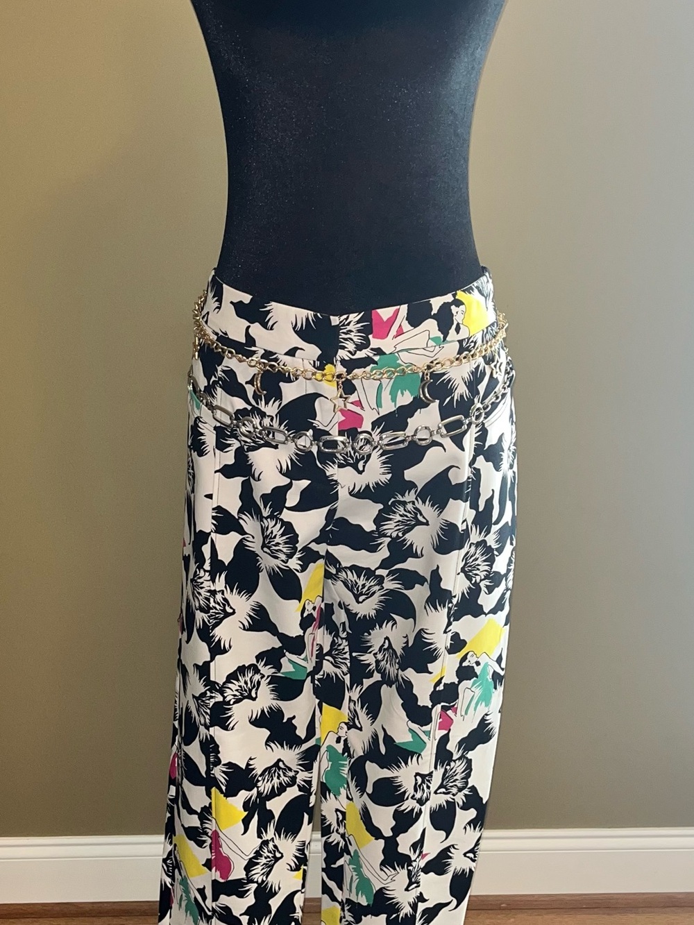 Black & White Floral Wide-Leg Trousers with Colorful Accents